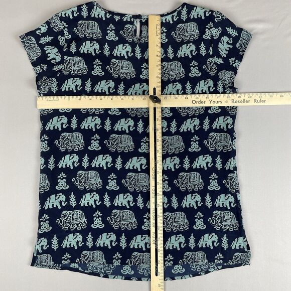 Lucky Brand Chiffon Short Sleeve Blouse Women's Small Blue Elephant Pattern Boho - Picture 8 of 13